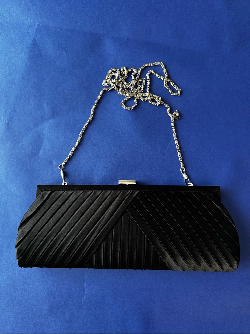 Black Satin Pleated Evening Clutch with Silver Chain - Picture 1 of 6